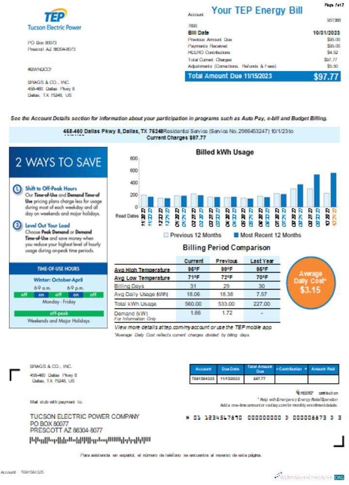 Download Arizona Tucson Electric Power (TEP) utility bill, page 1 SCR Photoshop template